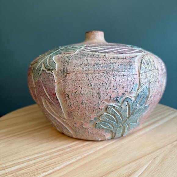 Handcrafted Thai Ceramic Vase With Leaf Relief Design - 7" Tall X 8" Wide - Mult - Picture 6 of 10